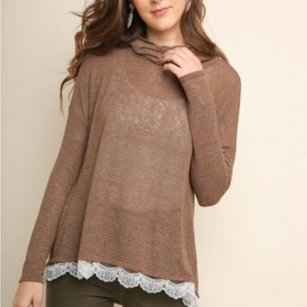 Umgee Tan Lurex Long Sleeve Striped Turtleneck with Lace Trim